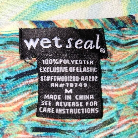 Wet Seal Sheer Green Abstract Print Tied Cold Shoulder Smock Waist Blouse Size M - Picture 7 of 8